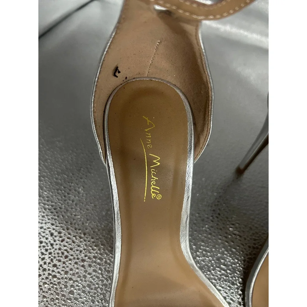 Anne‎ Michelle Silver Metallic Ankle Strap Stiletto Heels Square Toe Size 8.5